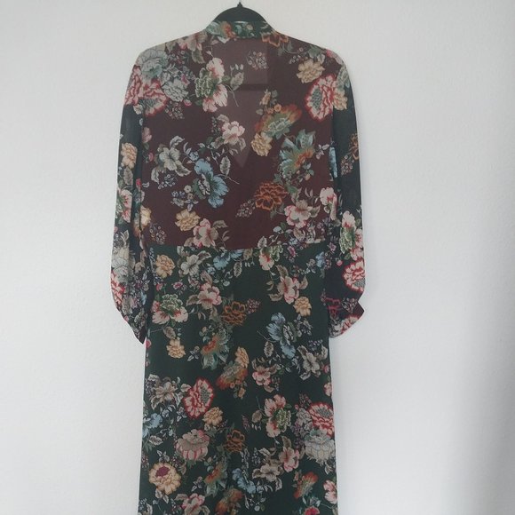 Zara Emerald Green & Burgundy Floral Chiffon Tie Neck Midi Dress - Picture 3 of 15